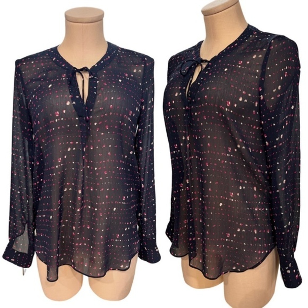 Banana Republic  New Sheer Long Sleeve Navy Blouse with Front Tie